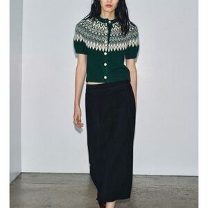 Zara Fair Isle Green JACQUARD SHORT SLEEVE CARDIGAN